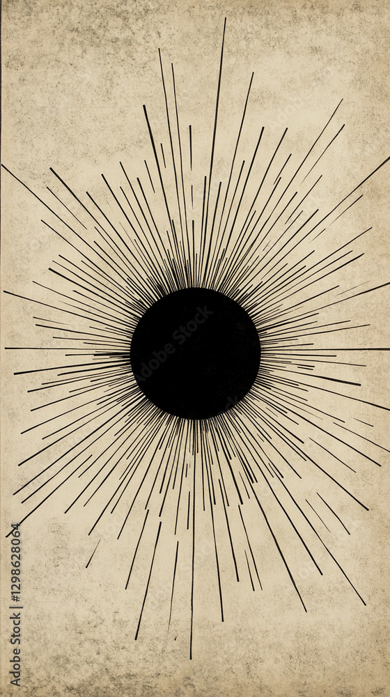 Aufkleber An abstract design featuring a central black circle with radiating lines, creating a burst effect on a textured background, symbolizing energy, movement, and dynamism.