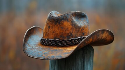 Close-up of an Aged Cowboy Hat Resting on a Wooden Fence Post in a Rustic Environment