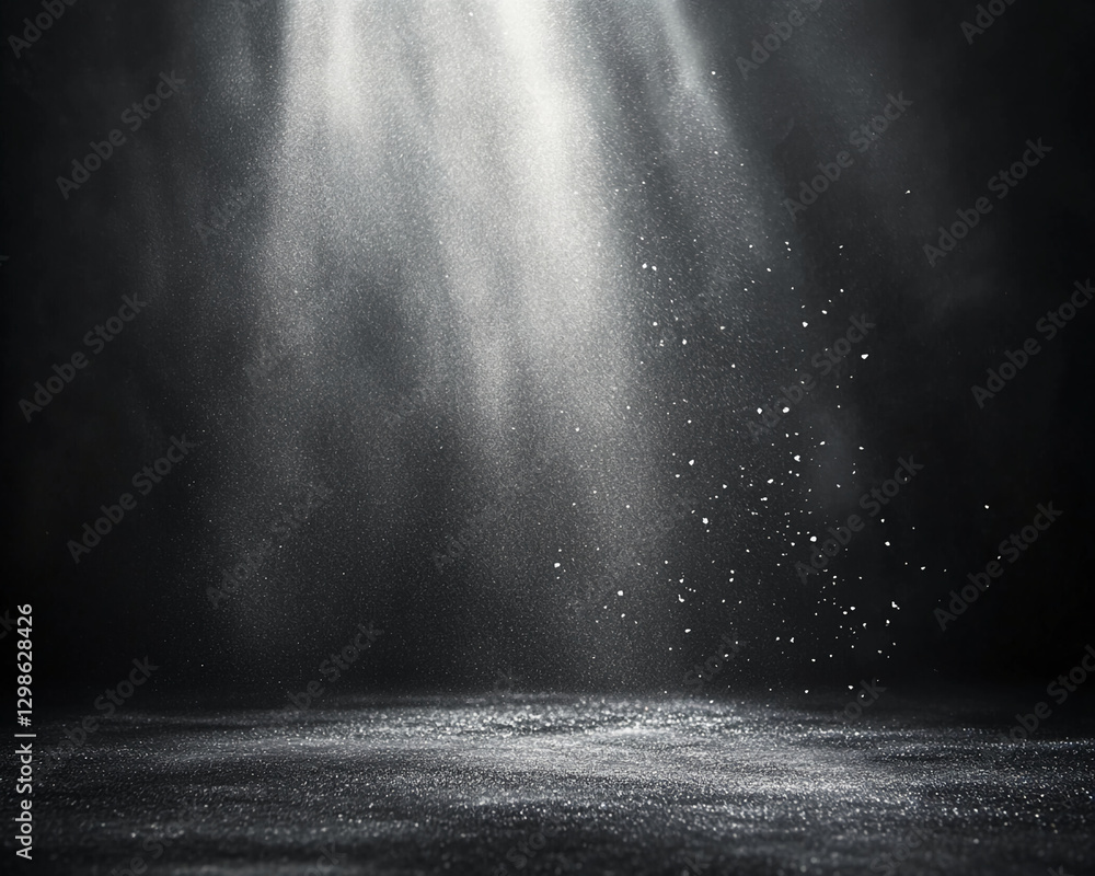 Poster a dramatic scene of scattered dust illuminated by a beam of light on a dark surface, symbolizing eth