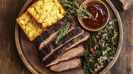 Southern-style roast brisket with honey glaze, cornbread, and collard greens, arranged on a rustic wooden plate, warm amber-toned background