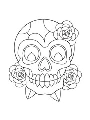 Gothic Skull with Roses – Dark Aesthetic Adult Coloring Page on White Background