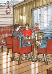 Hand drawn colour sketch showing a detail from an interior.