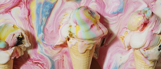 Melted Multicolored Ice Cream Cones in Swirling Cream
