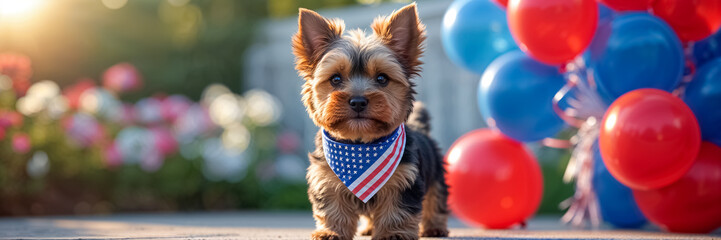 cute dog Yorkshire Terrier, American flag, outdoor
