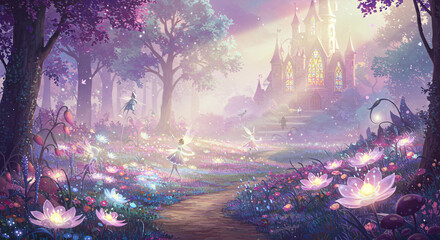 "An artistic illustration of a whimsical fairy tale forest with enchanting lighting, magical creatures, and surreal colors."
