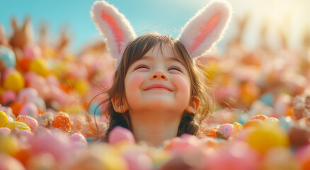 Happy smiling children with bunny ears celebrating easter day on colorful and captivating background with chocolates, bunnies and sweets