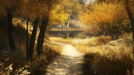 Obraz premium A serene autumn pathway leading towards a tranquil pond amidst golden trees