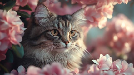 Adorable Cat on Vibrant Floral Background Close-Up: Captivating Image for Animal Lovers and Nature Enthusiasts