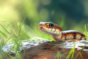 Obraz premium Garter Snake: Eastern Reptile Wildlife on Log in Natural Grass Habitat