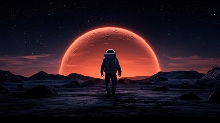 Obraz premium Astronaut Standing on Mars Landscape Underneath a Vibrant Orange Sunset with Stars and Celestial Elements in the Night Sky