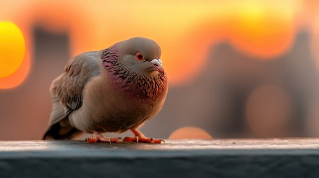 A captivating close-up of a pigeon showcasing its plumage, set against a glowing sunset backdrop that highlights the purity and grace of this urban bird. - Powered by Adobe