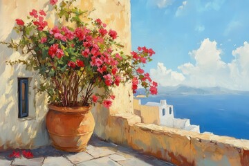 Fototapeta premium Geranien. Beautiful Geraniums in Flowerpots on a Garden Terrace by a House in Santorini, Greece