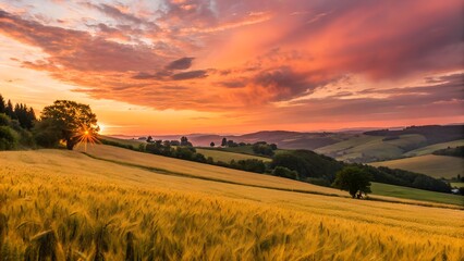Fototapeta premium Sunset over Golden Wheat Field and Rolling Hills