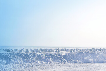 Igloo holiday. Eskimo dwelling made of ice and snow. Lots of igloo built. Panorama view