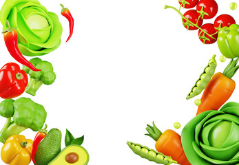3d background with fresh vegetables. Banner template with border of tomato, avocado, broccoli, carrot, pepper, green peas and cabbage. Organic healthy food poster for market or store. 3D illustration