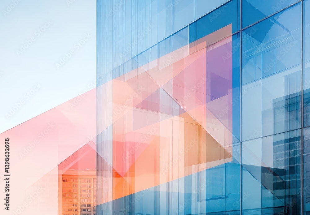 Poster abstract geometric shapes overlay on modern glass building reflecting sky, creating a vibrant urban 