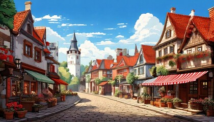 レトロゲーム風の自然のピクセルアート背景（城下町の街並み） Generative AI