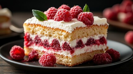 A delectable slice of fluffy vanilla cake layered with rich raspberry filling and topped with fresh raspberries, showcasing a delightful contrast of flavors and colors.