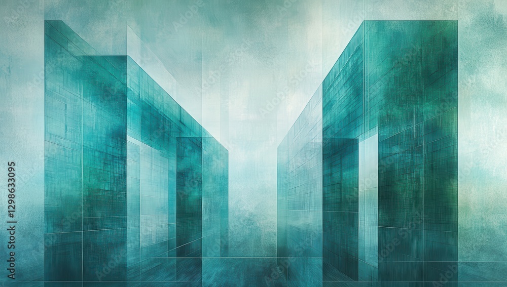 Poster Abstract geometric structures with translucent blue-green hues on a foggy background creating a modern and futuristic digital atmosphere