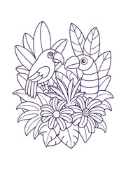 Tropical Jungle Scene with Exotic Birds – Wildlife Adult Coloring Page on White Background