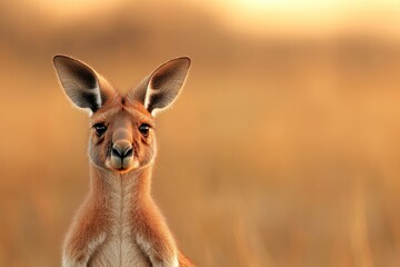 Fototapeta premium Gentle kangaroo stands in golden grass, illuminated by warm suns