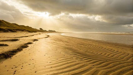 Fototapeta premium Sunbeams on Sandy Beach at Sunset