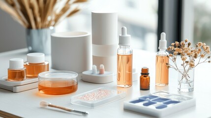An elegant display of natural skincare products and ingredients on a stylish table.