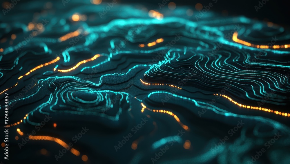 Poster abstract glowing lines on dark surface creating mesmerizing fluid waves, representing technology, in