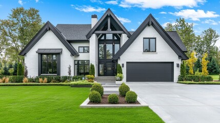 Modern single-family home with large windows and lush lawn in serene suburban setting, showcasing stylish architecture and greenery in the background