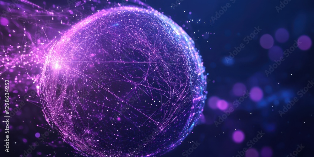 Poster abstract glowing sphere with connected lines and luminous dots on dark background, representing tech