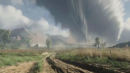 Fototapeta premium Surreal rural landscape with an enigmatic atmospheric phenomenon