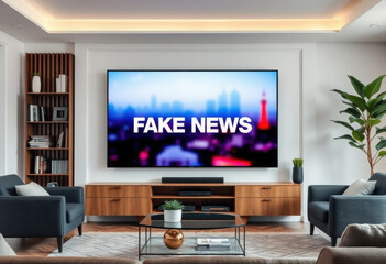 Gran televisor que muestra el texto noticias falsas en la pantalla. En una sala de estar moderna
