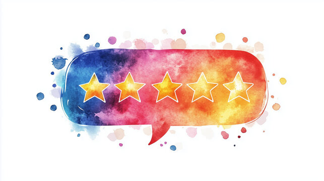 Colorful watercolor illustration of a five-star rating symbol in a speech bubble showcasing customer satisfaction and positive feedback against a vibrant abstract background.