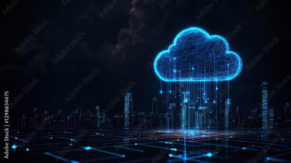 Poster digital cloud computing concept over a city skyline with data streams and neon lights representing m