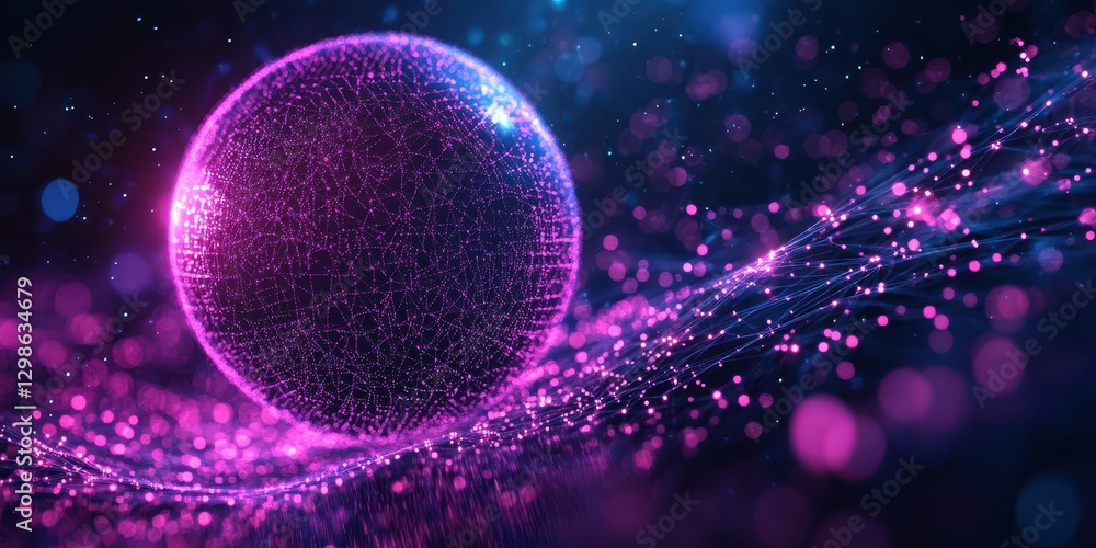 Poster abstract glowing sphere with intricate network lines and vibrant colors on a dark background, symbol