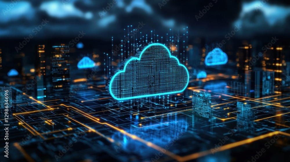 Poster futuristic cloud computing concept with digital data flow in a high-tech cityscape featuring neon li