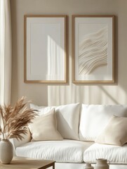 Modern Living Room Decor with Textured Art and Soft Natural Light