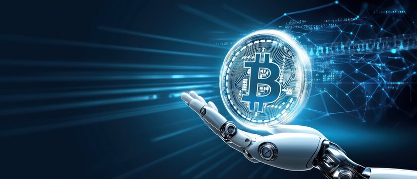 Robotic Hand Holding Holographic Bitcoin Symbol