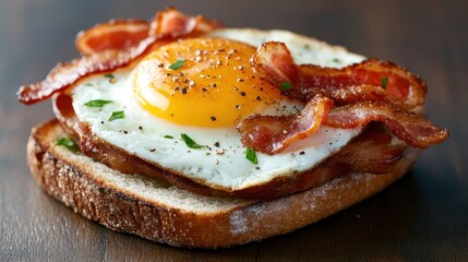 A classic breakfast sandwich featuring a sunny-side-up egg and crispy bacon on toasted bread, encapsulating the essence of a hearty and satisfying meal to start the day.
