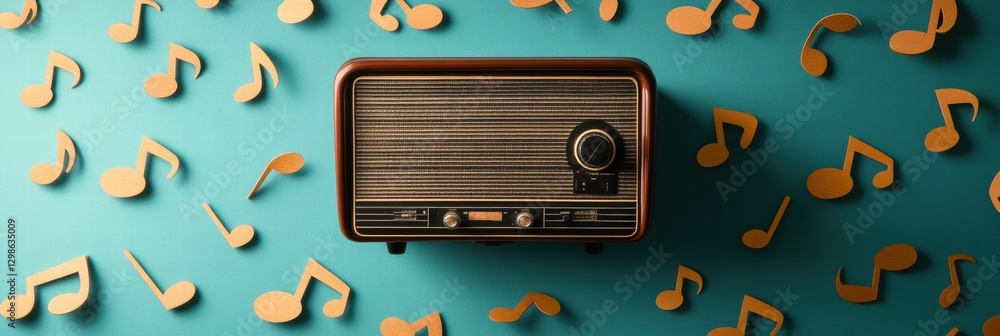 Aufkleber vintage radio surrounded by musical notes on a vibrant turquoise background creating a lively atmosp