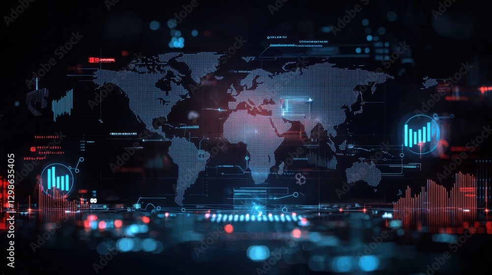 Poster high-tech abstract world map with data visualization elements in dark color scheme for digital innov
