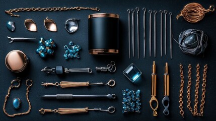 An artistic arrangement of jewelry making tools and materials on a dark background.