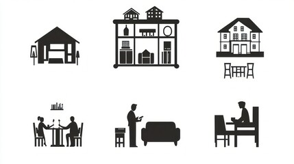 Various interior scenes, simple black silhouettes