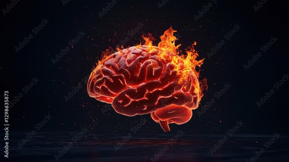 Poster glowing brain on fire representing intense thoughts and creative ideas with fiery flames and dark ba