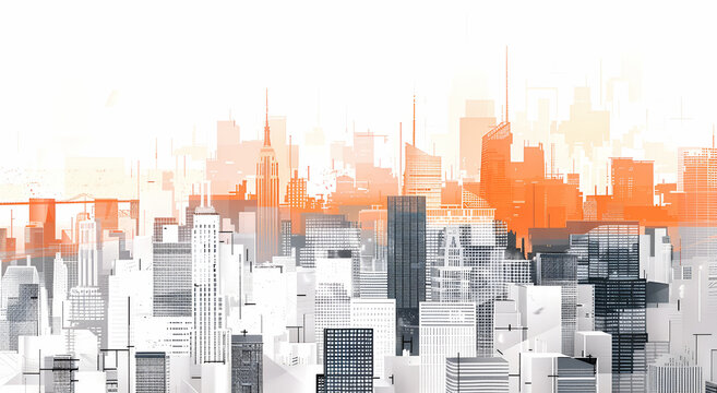 Nowoczesna panorama miasta z abstrakcyjnym pomarańczowym gradientem &mdash; stylizowana ilustracja koncepcyjna architektury i urbanistyki