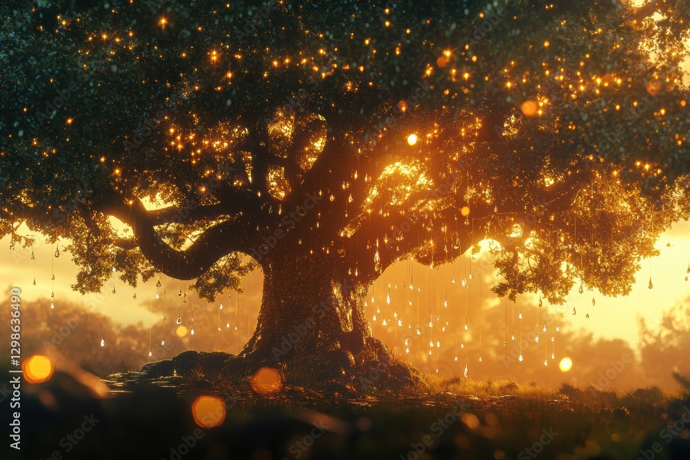Poster majestic tree illuminated by golden light during sunset in a serene natural landscape. generative ai