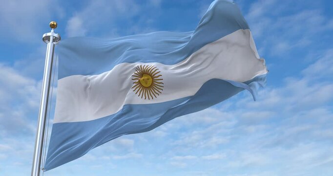 Argentina flag with flagpole waving in wind, rolling clouds background looping, 4K video (Perfect Loop)