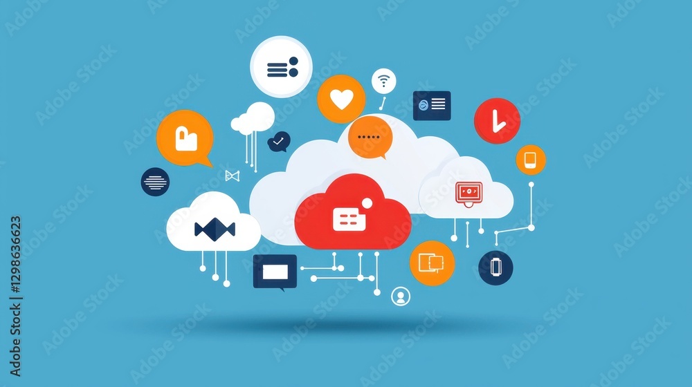 Poster colorful cloud icons representing digital communication and technology with various symbols on a blu