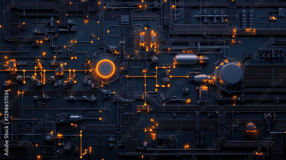 Poster abstract technological network design with glowing circuits and connectors on dark background, showc