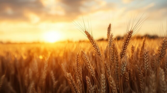 This beautiful image features a vast wheat field glowing warmly in the dusk light, symbolizing the richness of harvest and the cycles of nature.